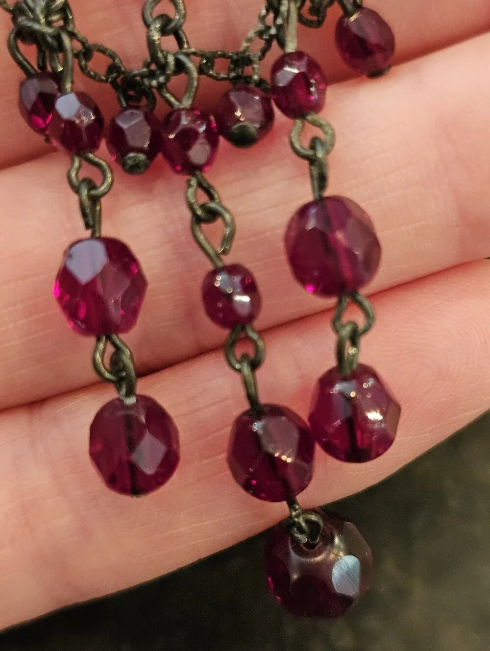 Ruby Red Beaded Chandelier Earrings w/ Gunmetal Hardware